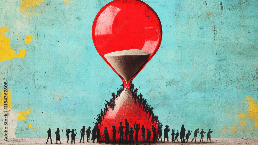 Poster serial killer, a surreal image of a red hourglass filled with tiny screams instead of sand, depictin