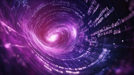 Fototapeta premium Quantum physics equations in glowing text above a quantum processor, with data particles swirling in space