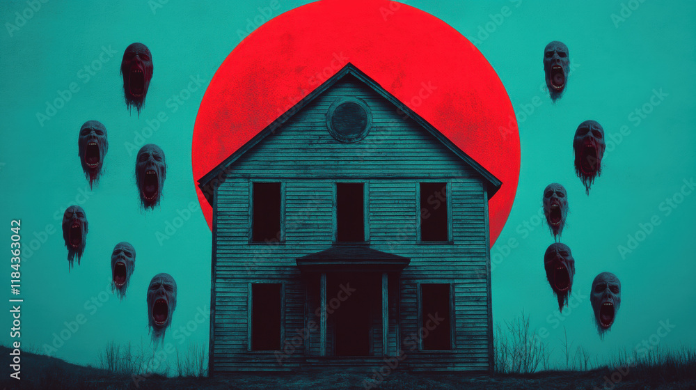 Poster serial killer, a serene image of a red moon illuminating a house, creating a tranquil atmosphere ide