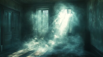 A Mysterious Fog Filled Room With Windows and Doors