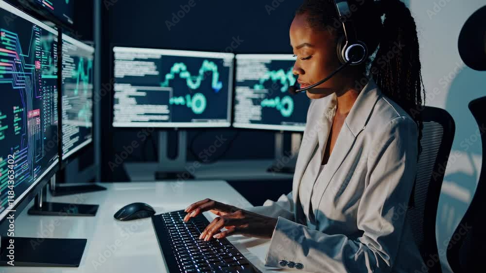 Fototapete professional woman analyzes data in a modern office environment using multiple computer screens