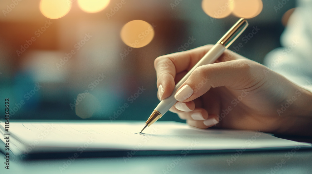 Poster Goal setting process shown with a person writing aspirations on a notepad Stock Photo with side copy space.