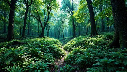 Fototapeta premium A forest floor covered in green leaves and ferns under a canopy of trees, foliage, ferns, forest floor