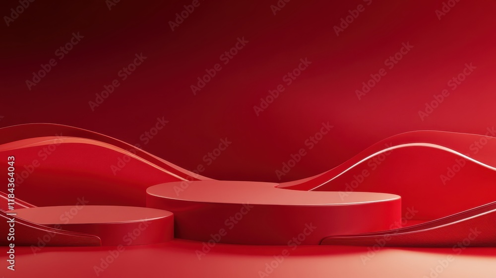 Poster vibrant red abstract wave platform with flowing shapes in dynamic design