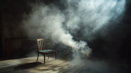 Room filled with thick smoke and a ceramic floor, set against a dark wall. Abstract concept.