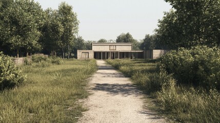 Overgrown path leading to a deserted, minimalist building in a field.