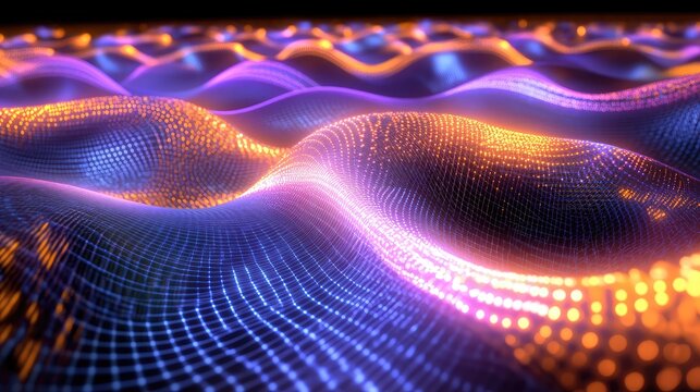 Quantum physics simulations on a glowing quantum processor, showing wavefunctions and particle paths