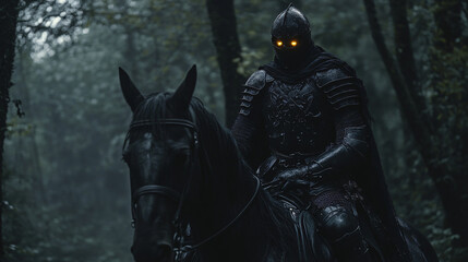 Fototapeta premium A knight in shining black armor rides through a dense, misty forest on horseback. His glowing eyes are the only thing visible beneath the shadow of his helmet, and the forest appears to swallow him wh