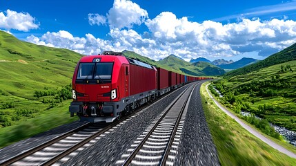 Obraz premium Red Freight Train Traveling Through Lush Green Mountain Landscape