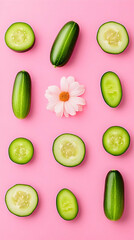 Cucumber & Flower Flatlay Illustration