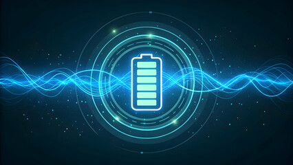 Digital Battery Icon with Energy Waves on Futuristic Background