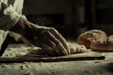 Close-up of hands kneading dough on a wooden table, the focus is on the bread's shape and texture being formed by a man in a white apron 