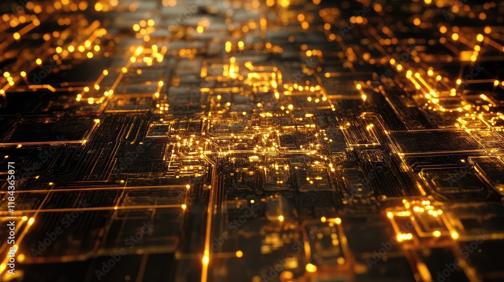 Poster quantum processor chip magnified to show intricate golden pathways glowing under a dark background