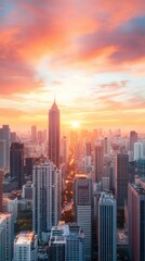 Dramatic Sunset Over Sprawling Cityscape with Towering Skyscrapers and Modern Architecture
