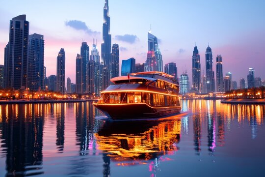 A traditional dhow cruise along Dubai Creek, with views of both historic and modern architecture illuminated at night