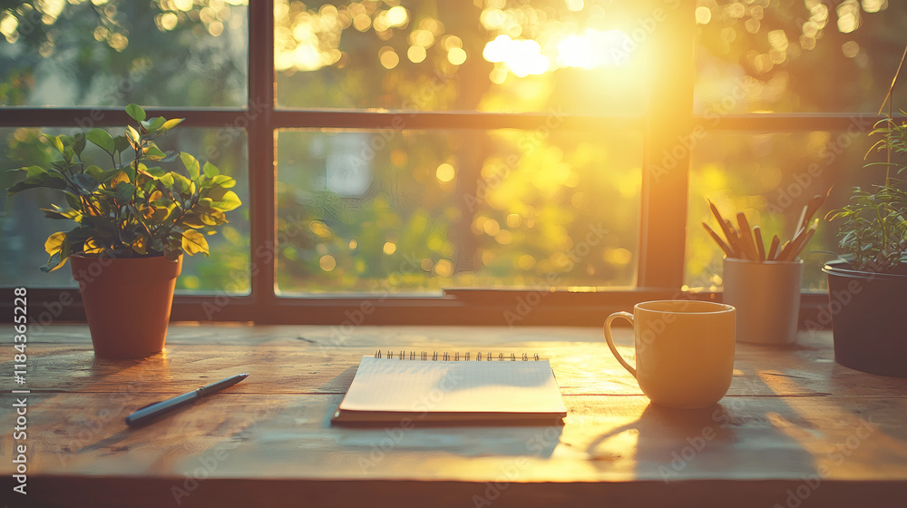 Aufkleber a serene setup with a motivational quote and a journal for goal tracking stock photo with side copy 