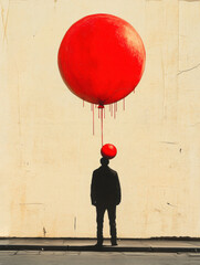 Serial killer, A shadowy figure holds a red balloon tied to a string, showcasing a whimsical and artistic scene perfect for creative projects.