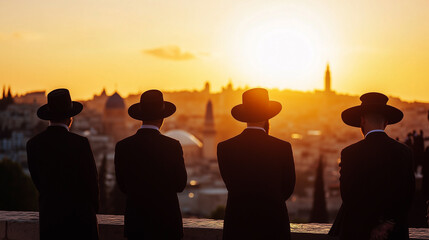 Haredim, Orthodox Jews wearing hats, sitting by the sea, praying in the rays of the setting sun with backlight.