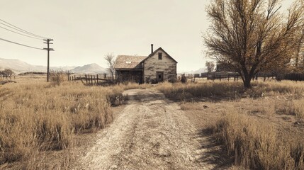 Rustic abandoned farmhouse on a dirt road in a dry, grassy field.