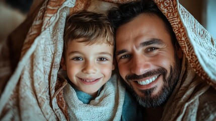 A playful father and son duo share a joyful moment under a cozy blanket, their smiles radiating love and happiness, perfect for showcasing family fun and connection.