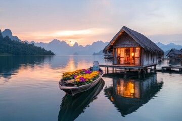 A tranquil ubosot set beside a calm river, with its reflection mirrored perfectly in the water