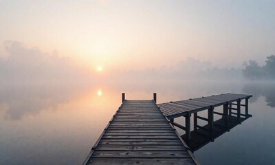 Obraz premium Wooden pier at sunrise with reflection on misty morning lake water, misty morning lake water, foggy atmosphere, reflection