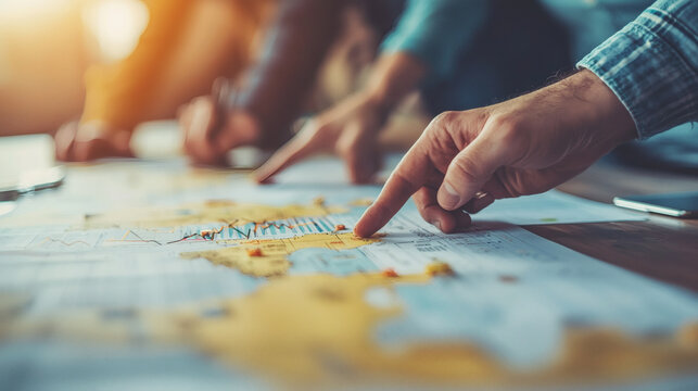 A team collaborating and setting collective goals during a strategy meeting Stock Photo with side copy space.