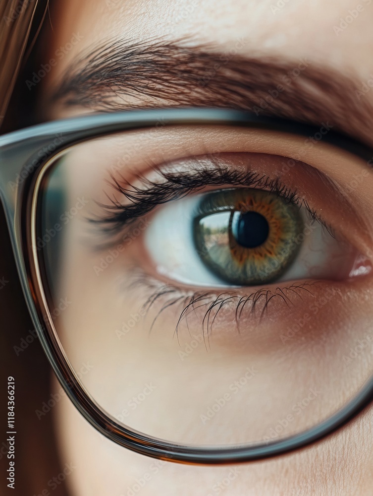 Poster close up view of a female eye wearing glasses highlighting vision correction and intricate details o