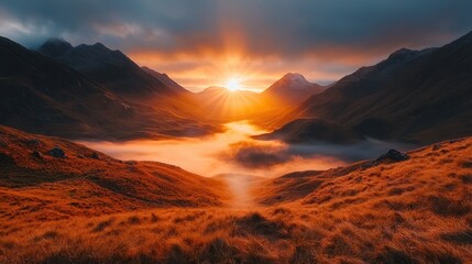 Fototapeta premium Majestic Sunset Over Misty Mountain Landscape with Serene Lake Reflection