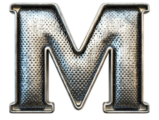 Intricate metalwork design, a strikingly beautiful metallic letter "m" shining brightly