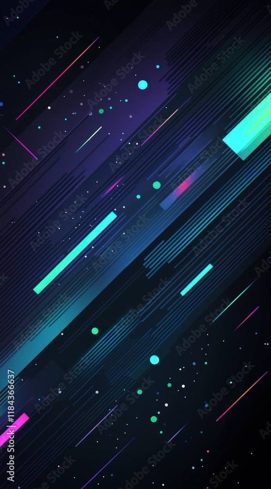 Poster abstract dynamic neon streaks and particles on dark background.