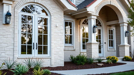 Beige Brick House Exterior with Arched Entryway and Landscaping
