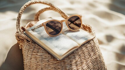Open beach bag showing a peek of a summer novel and sunglasses, placed on a light backdrop