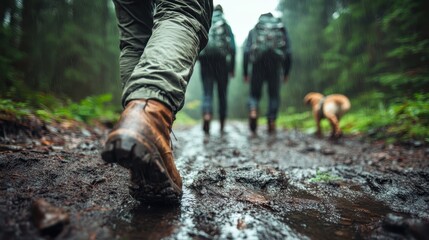 A couple enjoys an adventurous hiking journey through a lush trail with a dog, celebrating their love for nature and outdoor exploration.