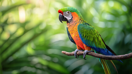 Obraz premium Colorful parrot perched on branch amidst lush greenery, showcasing vibrant feathers