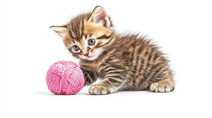 Fototapeta premium playful kitten with fluffy fur interacts with pink yarn ball