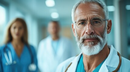 A seasoned doctor with a beard and glasses exudes confidence in a clinical setting, exemplifying professionalism and care for patients while enhancing medical practice.