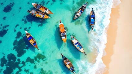 Fototapeta premium Top view or aerial view of Beautiful crystal clear water and white beach with long tail boats in summer