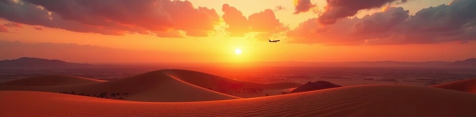 Sunset over a vast desert landscape with an airplane flying in the distance, vast, landscape, airplane