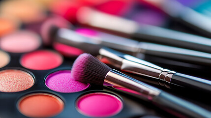 Professional makeup palette and brushes with vibrant colors. Suitable for beauty industry content, makeup tutorials, and cosmetic product showcase.