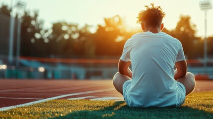 A young athlete is seen meditating calmly on the grass of a track field during sunset, symbolizing peace and focus in sports and personal growth.