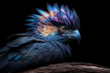 Fototapeta premium A hyper-realistic close-up of a rare bird species with iridescent feathers and intricate patterns, perched on a branch