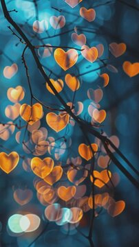 Golden Hearts in the Night: Romantic bokeh effect, hearts shaped lights on tree branches, dreamy night scene, warm colors, magical atmosphere 