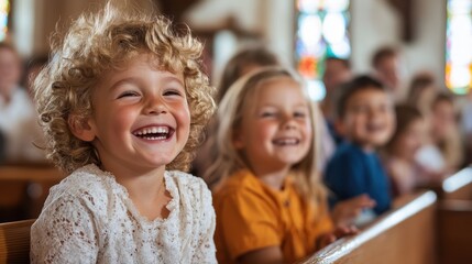 A group of cheerful children sitting in a church, beaming with happiness and curiosity as they engage with their surroundings, symbolizing joy and community spirit.