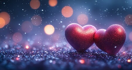 Fototapeta premium Two red hearts on a purple glittery background Valentine's Day