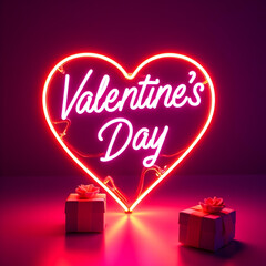 three-dimensional neon heart with neon inscription "Valentine's Day" glowing, gift boxes nearby