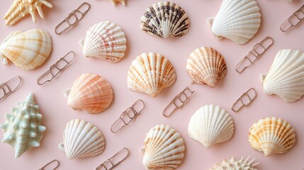 Set of hair clips with seashell designs, arranged on a light pink surface