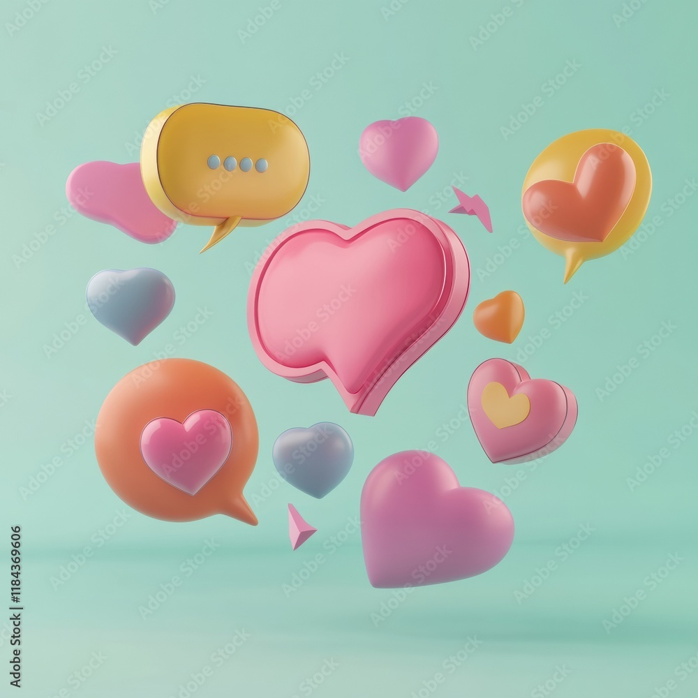 Fototapete floating 3d chat bubbles and hearts illustrating online communication and affection in a modern digi