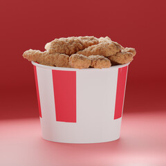 Crispy fried chicken pieces in a striped bucket on a red gradient  background, takeout promotions kfc chicken tasty chicken