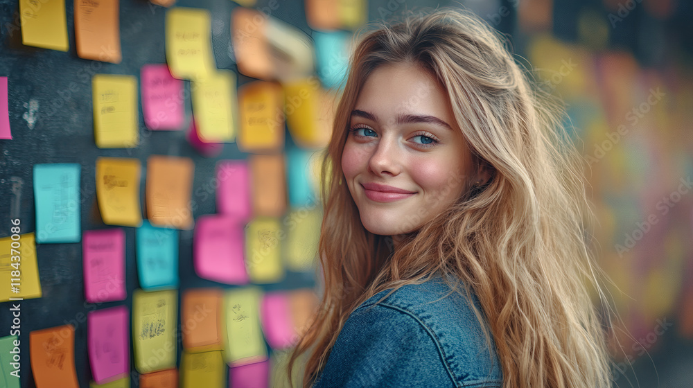 Poster A focused individual organizing tasks with sticky notes on a wall Stock Photo with side copy space.